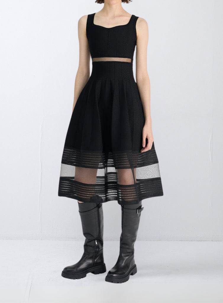 RVN Dress 스티치 자카드 시어 헴 플레어 드레스