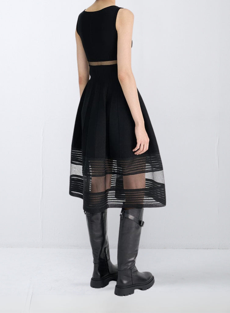 RVN Dress 스티치 자카드 시어 헴 플레어 드레스