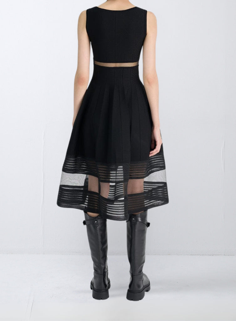 RVN Dress 스티치 자카드 시어 헴 플레어 드레스